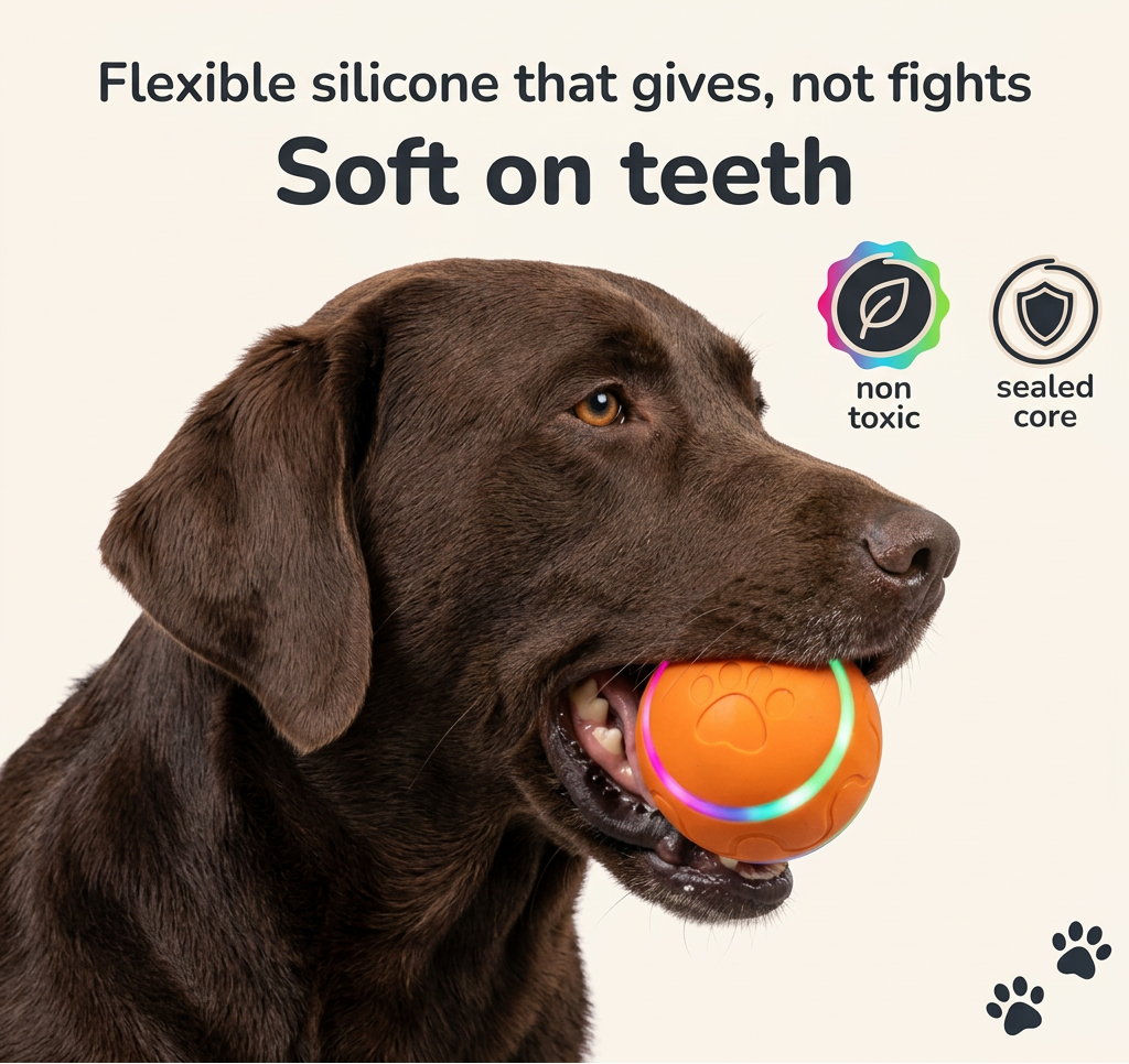 Chocolate Labrador holding the soft silicone Pounca Ball