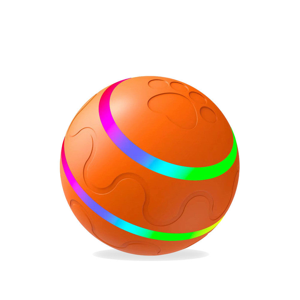Pounca Ball self-rolling dog toy in orange with LED light bands