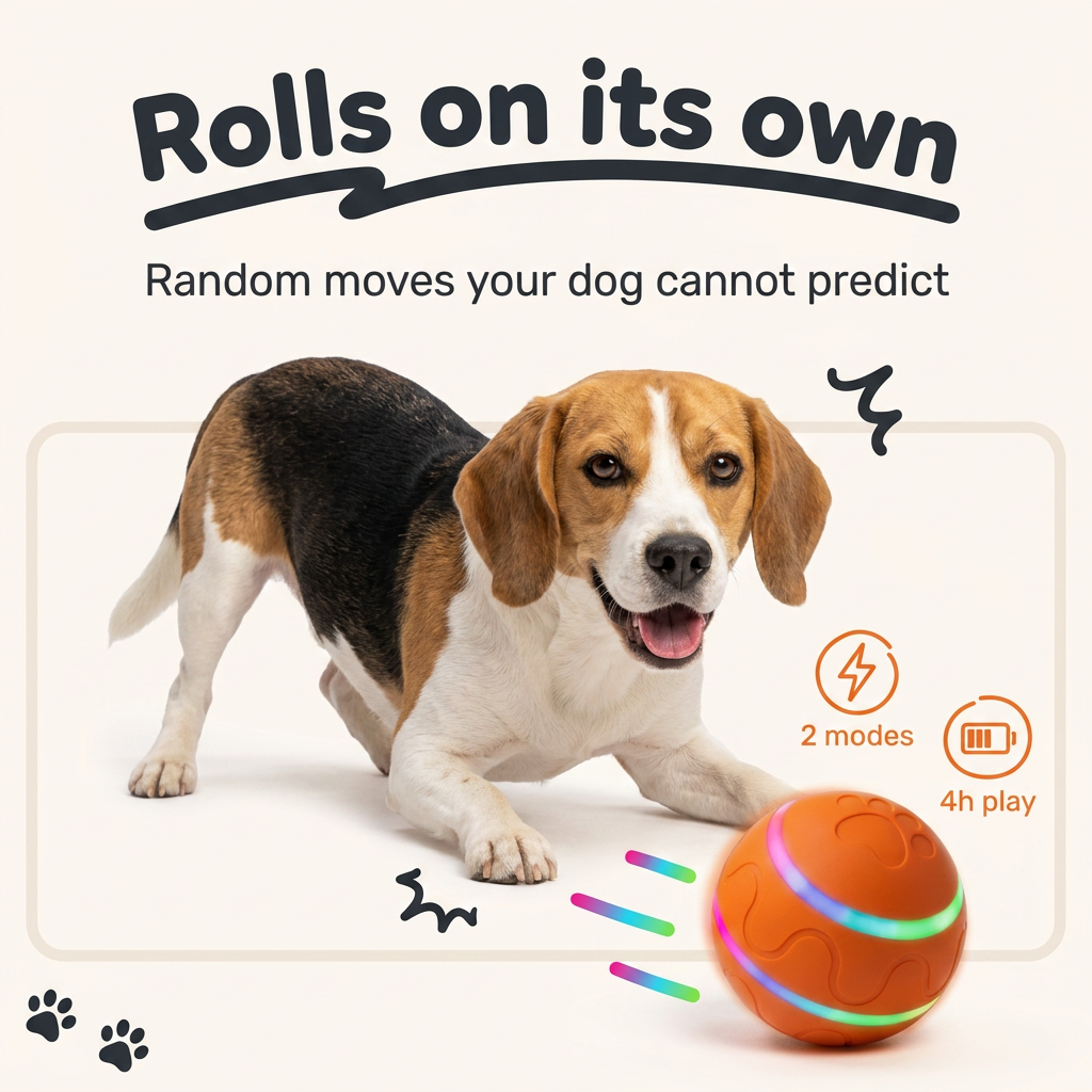 Beagle chasing the Pounca Ball as it rolls on its own