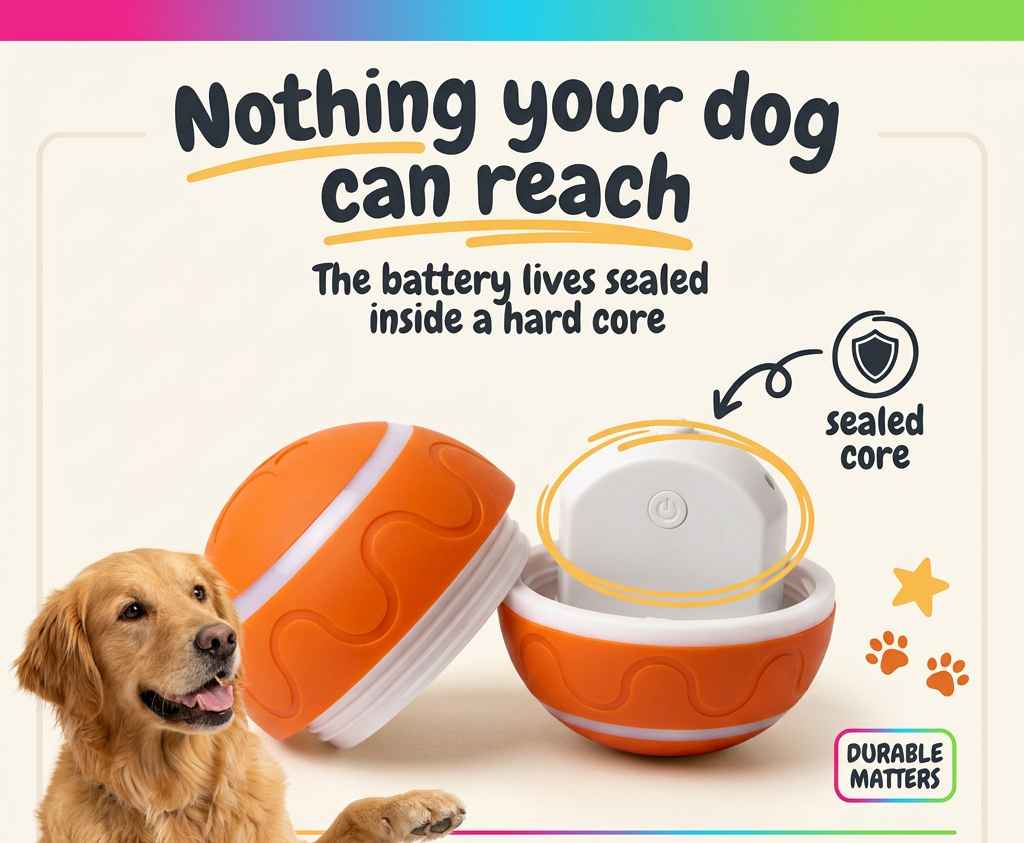 Pounca Ball sealed battery core with a golden retriever
