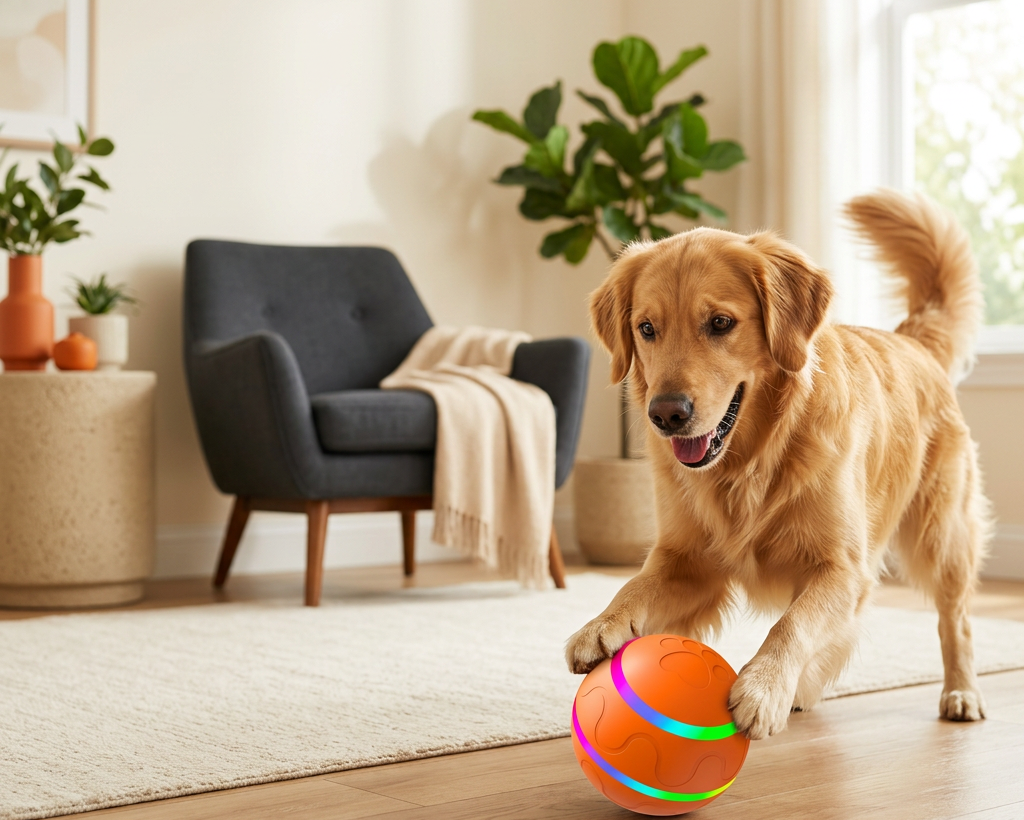A golden retriever dog playfully batting an orange ball with a glowing multicolor ring in a bright, modern living room.