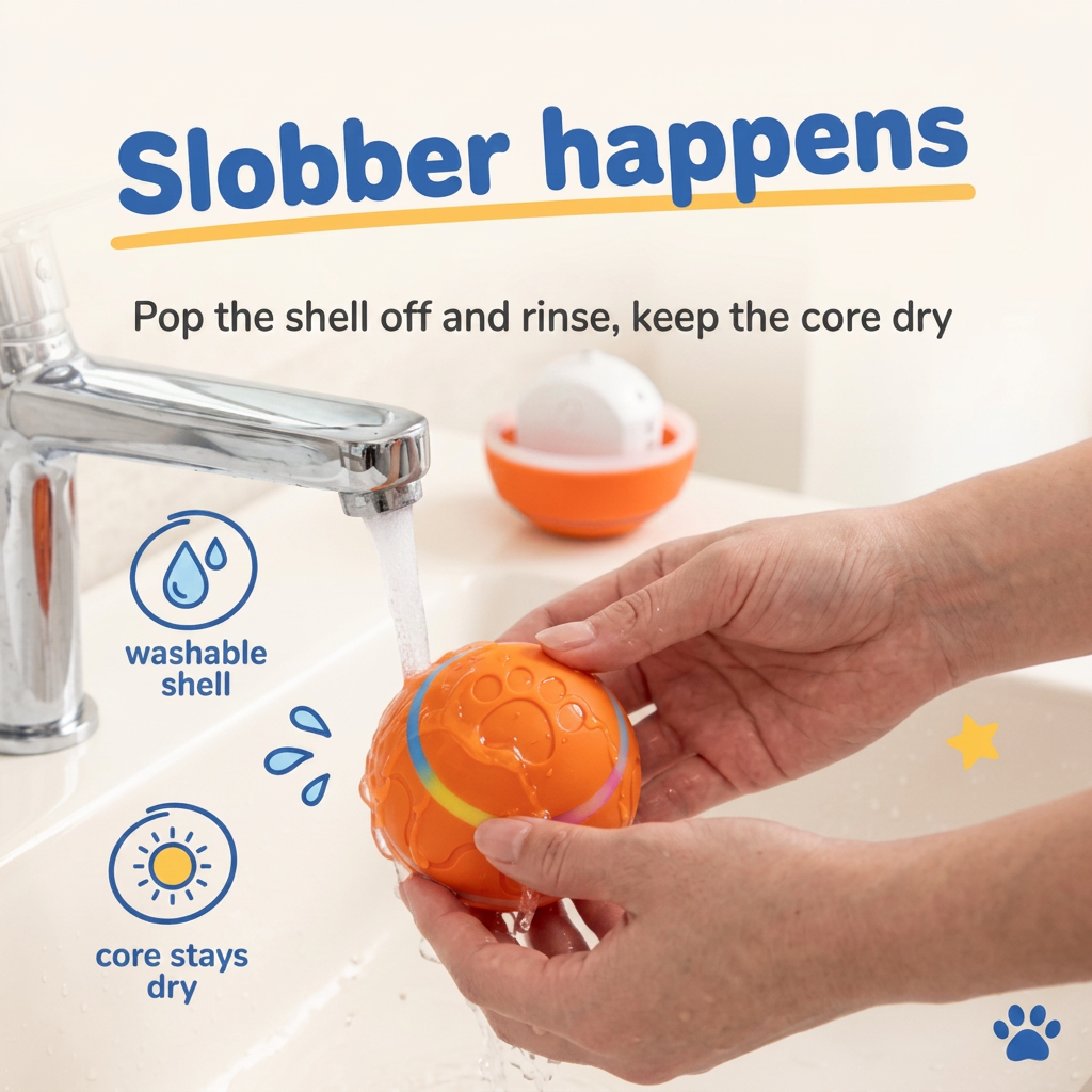 Rinsing the washable Pounca Ball shell under a tap
